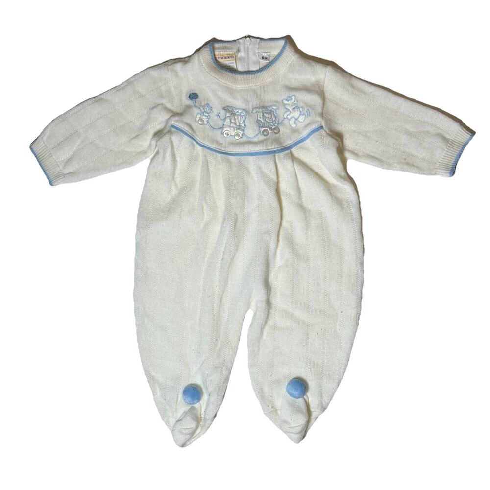 Vintage Baby Knit Romper 6M Ivory Cream Blue Circus Train Embroidery Pom Poms